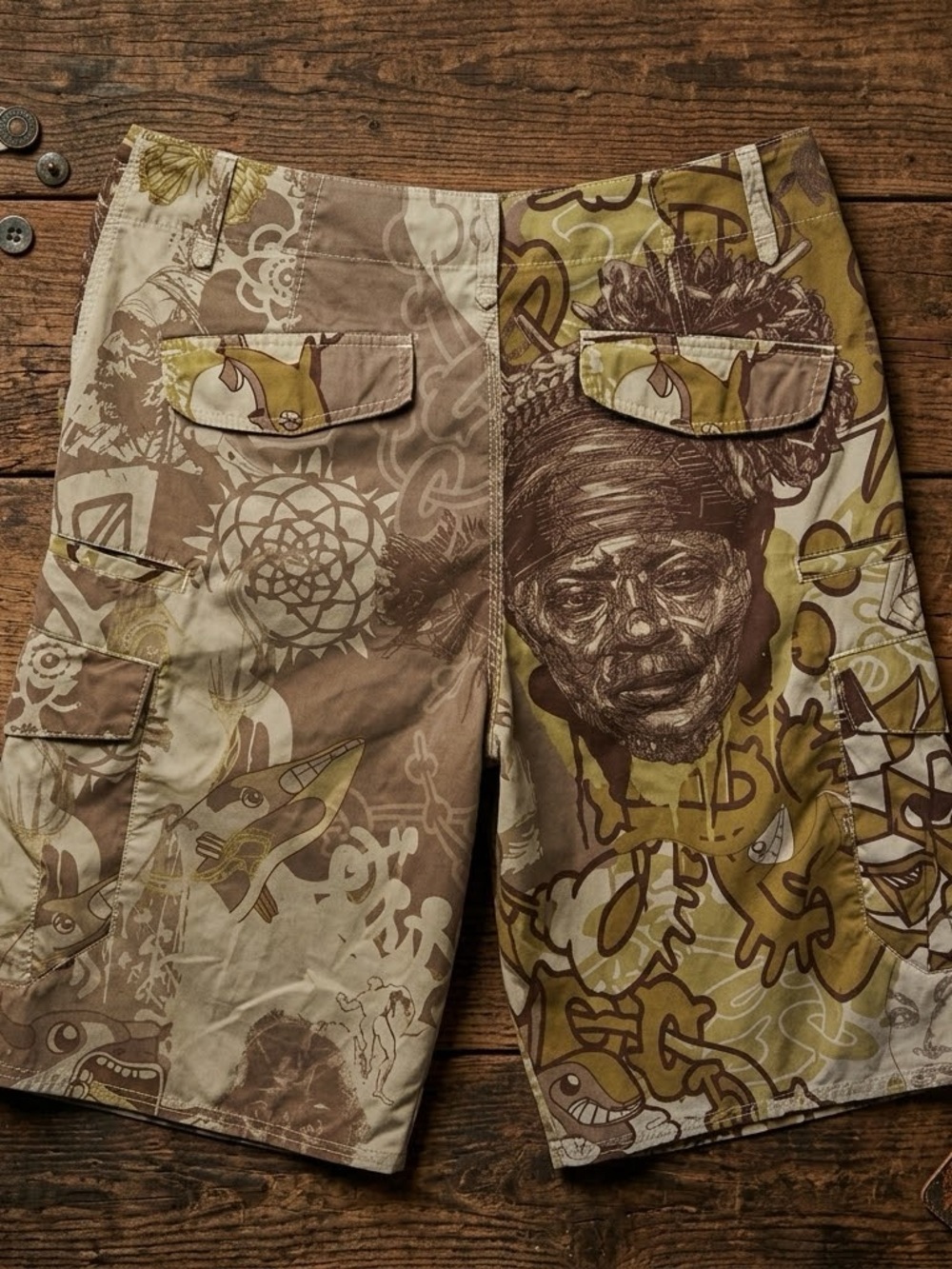 Reef Vintage AOP Tribal Graphic Green Brown Board Shorts 32 Retro Surf